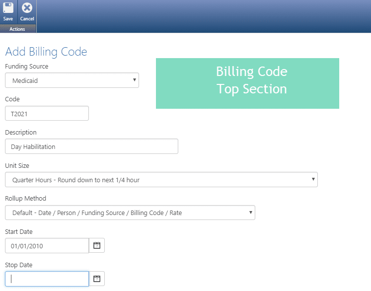 billing code top section