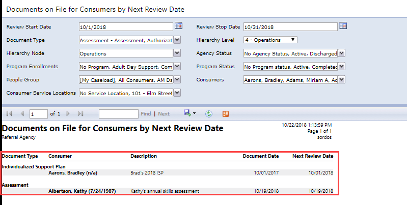 documents on file by next review date report